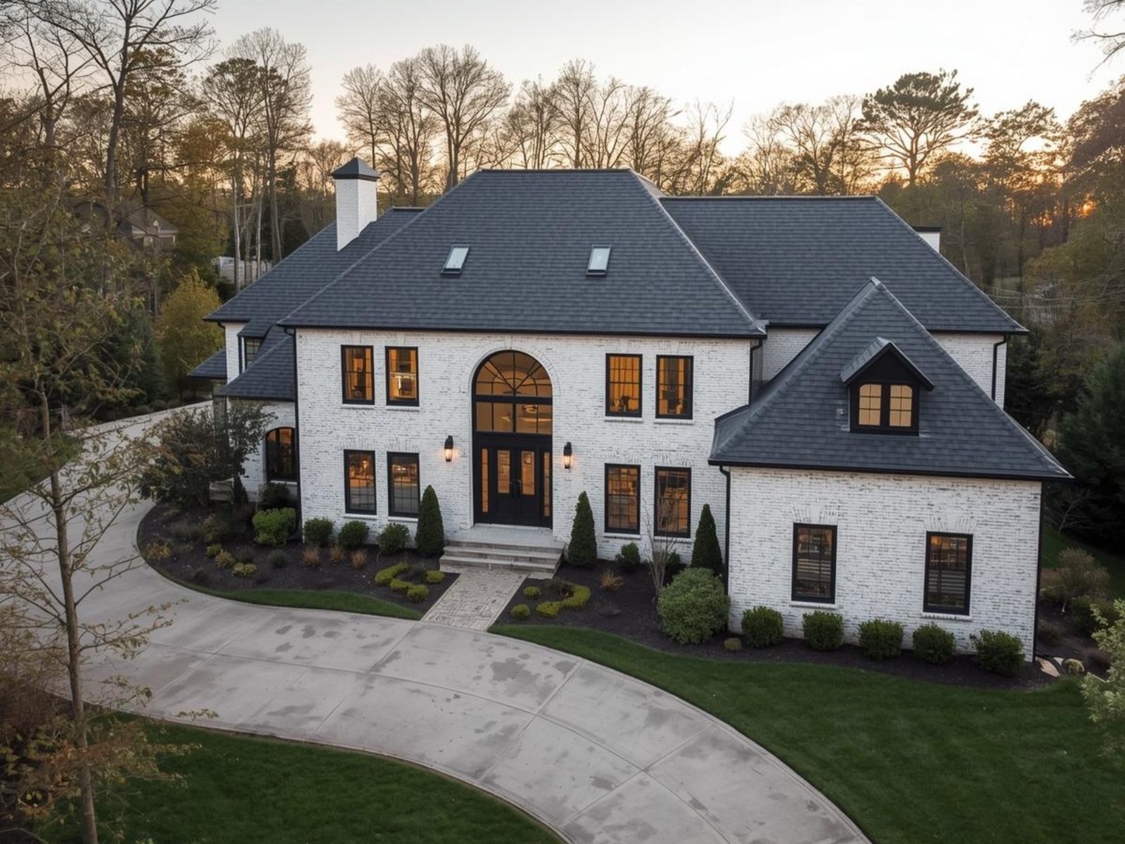 Luxury home in Brentwood Tennessee with white brick exterior and black roof
